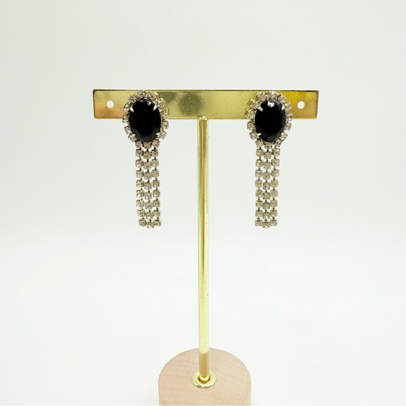 Vintage Dama Onyx Crystal Rhinestones Dangle Earrings - Picture 3 of 5